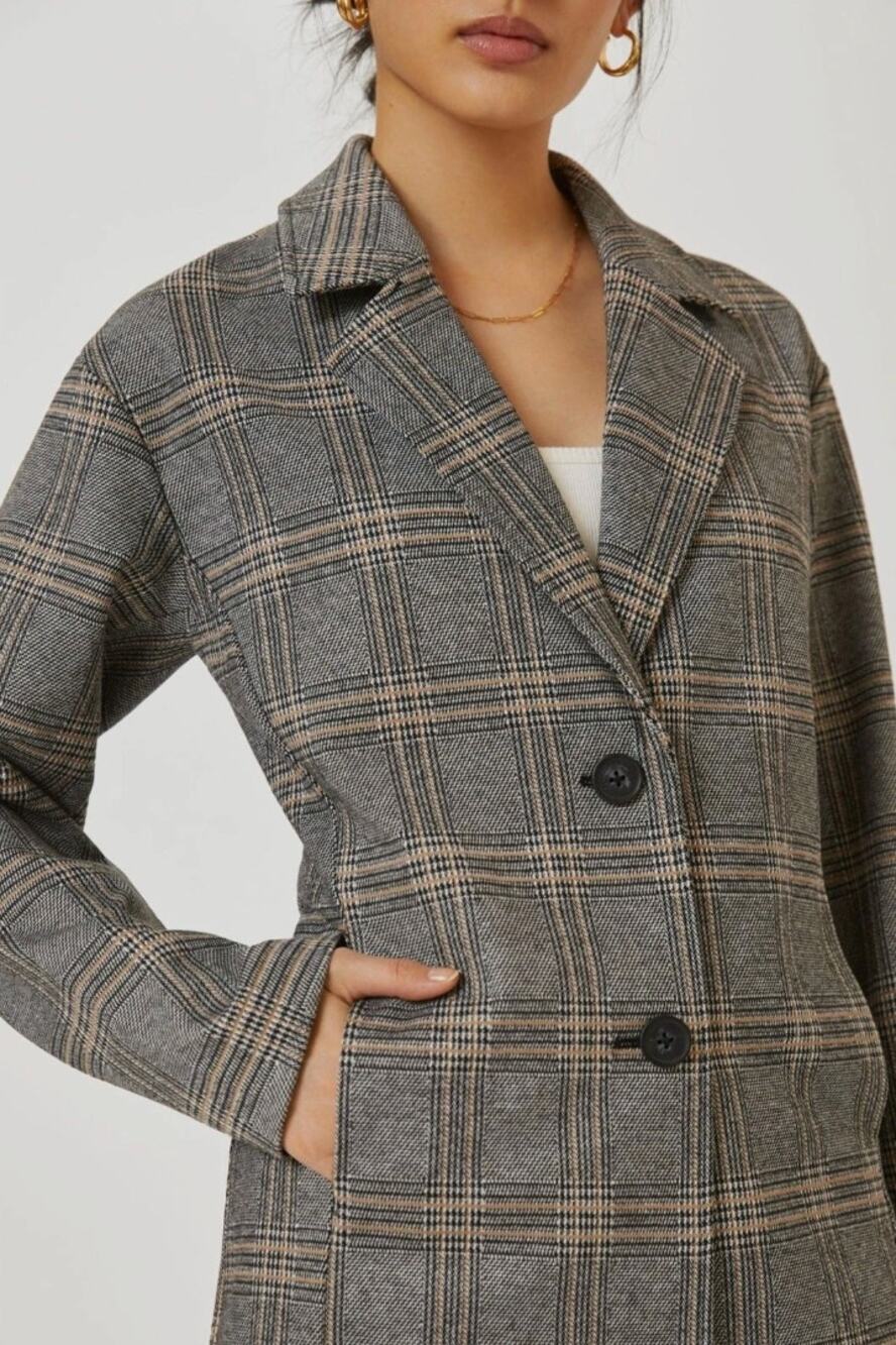 Anthropologie Avec Les Filles Gray & Brown Longline Plaid Blazer
